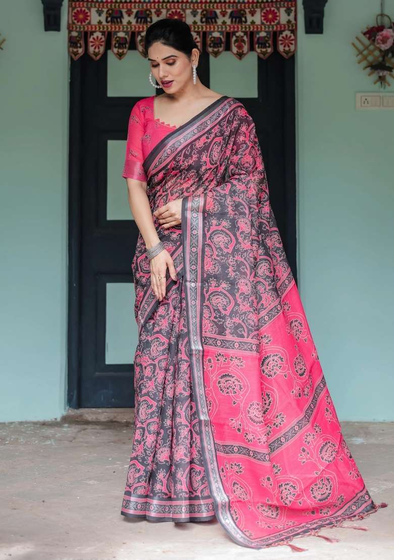 Black Printed Cotton Linen Saree Set - Indya
