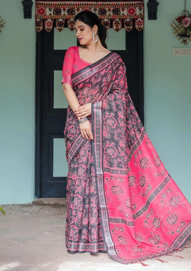 Black Printed Cotton Linen Saree Set - Indya