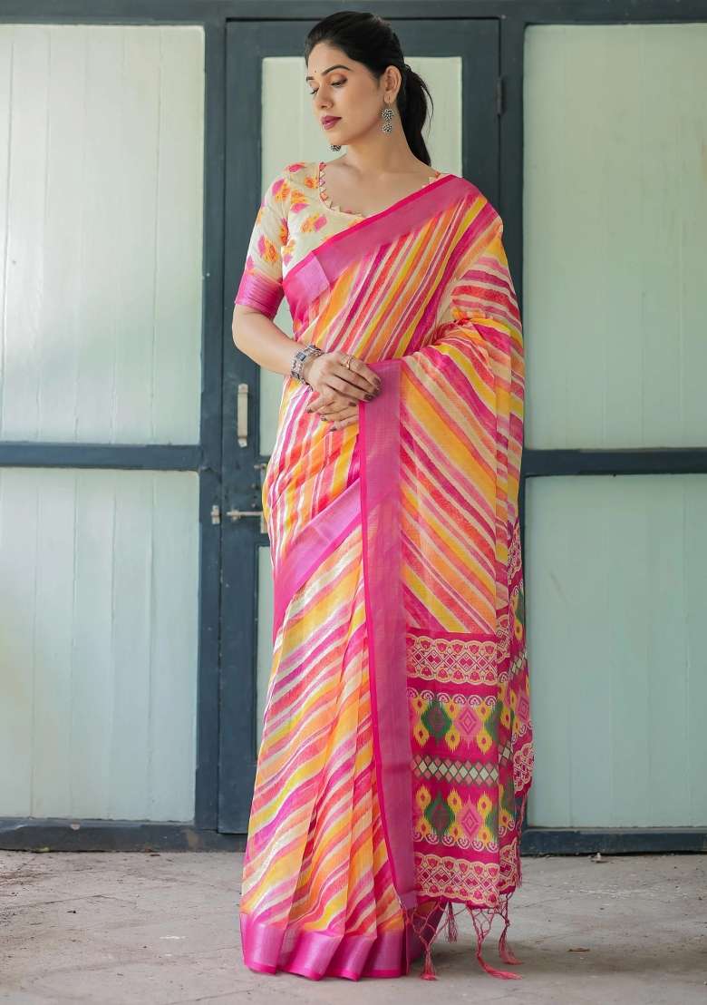 Pink Printed Cotton Linen Saree Set - Indya