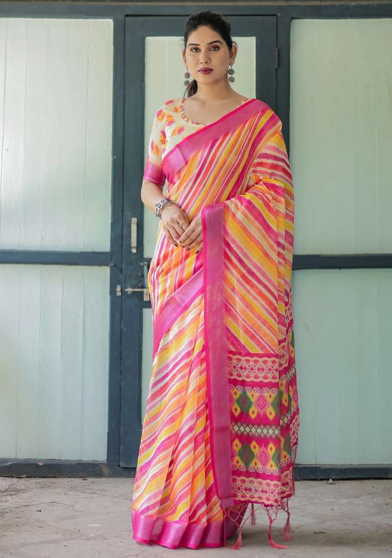 Pink Printed Cotton Linen Saree Set - Indya
