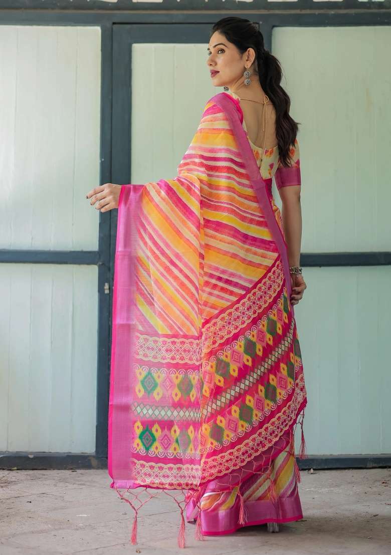 Pink Printed Cotton Linen Saree Set - Indya