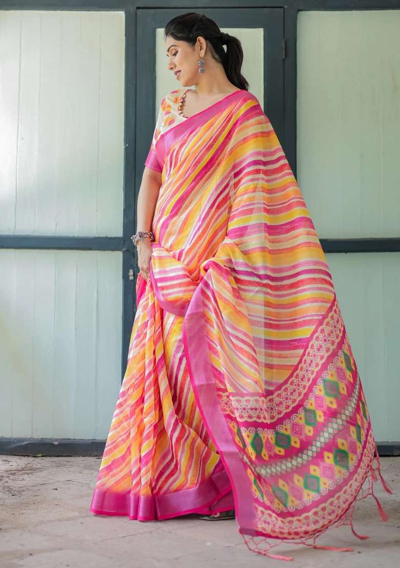 Pink Printed Cotton Linen Saree Set - Indya