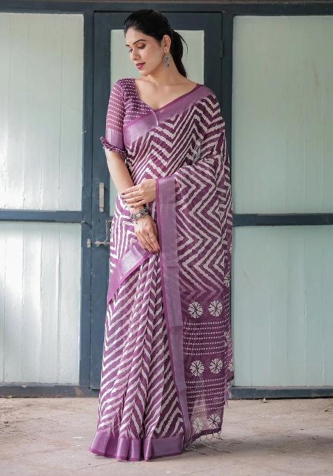 Purple Printed Cotton Linen Saree Set