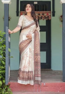 Cream Printed Cotton Linen Saree Set