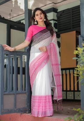 Pink Printed Cotton Linen Saree Set