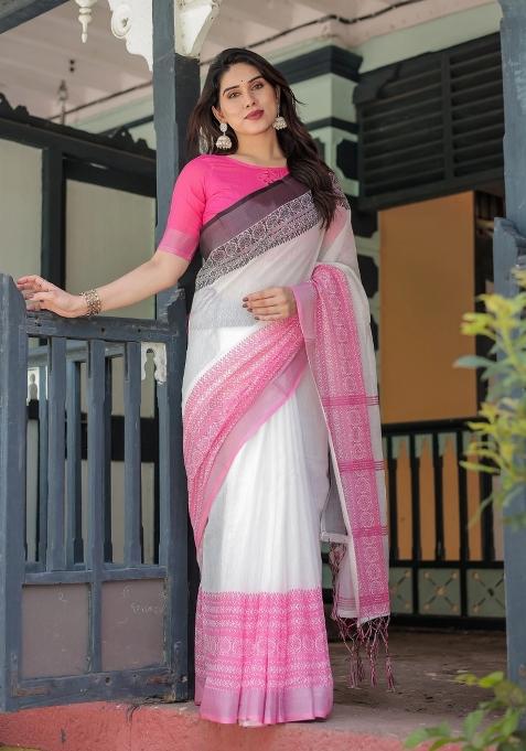 Pink Printed Cotton Linen Saree Set