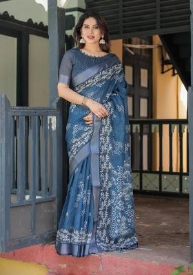 Blue Printed Cotton Linen Saree Set