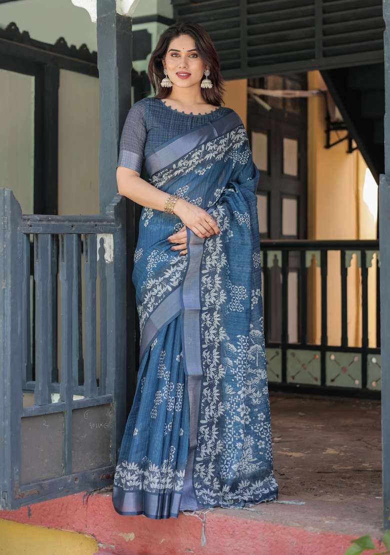 Blue Printed Cotton Linen Saree Set - Indya