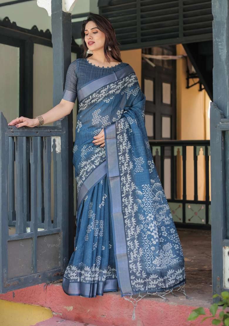 Blue Printed Cotton Linen Saree Set - Indya