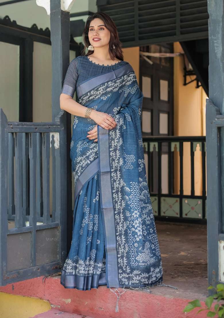 Blue Printed Cotton Linen Saree Set - Indya