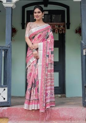 Pink Printed Cotton Linen Saree Set