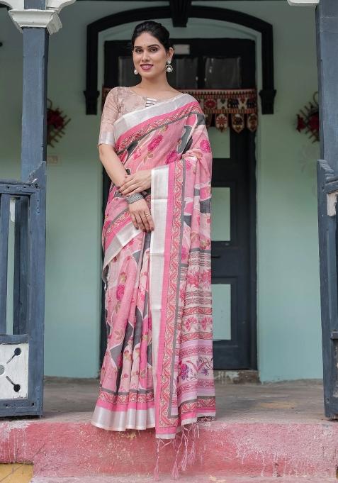 Pink Printed Cotton Linen Saree Set