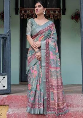 Pink Printed Cotton Linen Saree Set