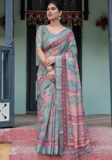 Pink Printed Cotton Linen Saree Set