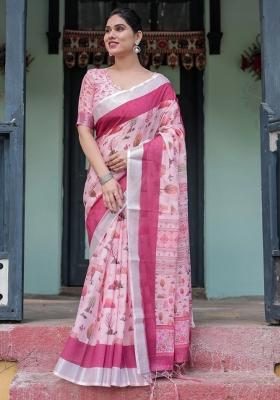 Pink Printed Cotton Linen Saree Set