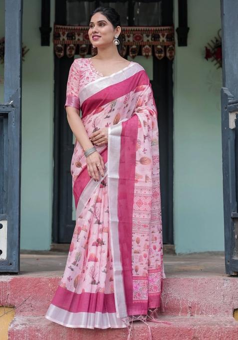 Pink Printed Cotton Linen Saree Set