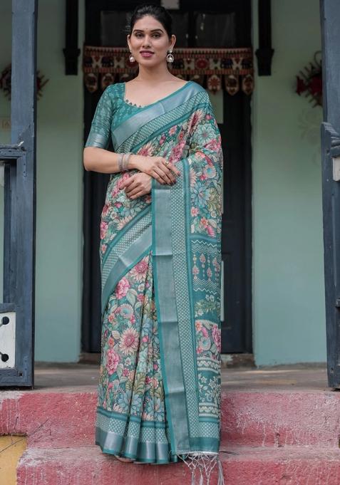 Green Printed Cotton Linen Saree Set