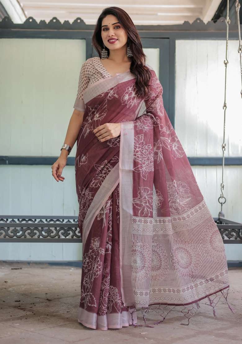 Maroon Printed Cotton Linen Saree Set - Indya