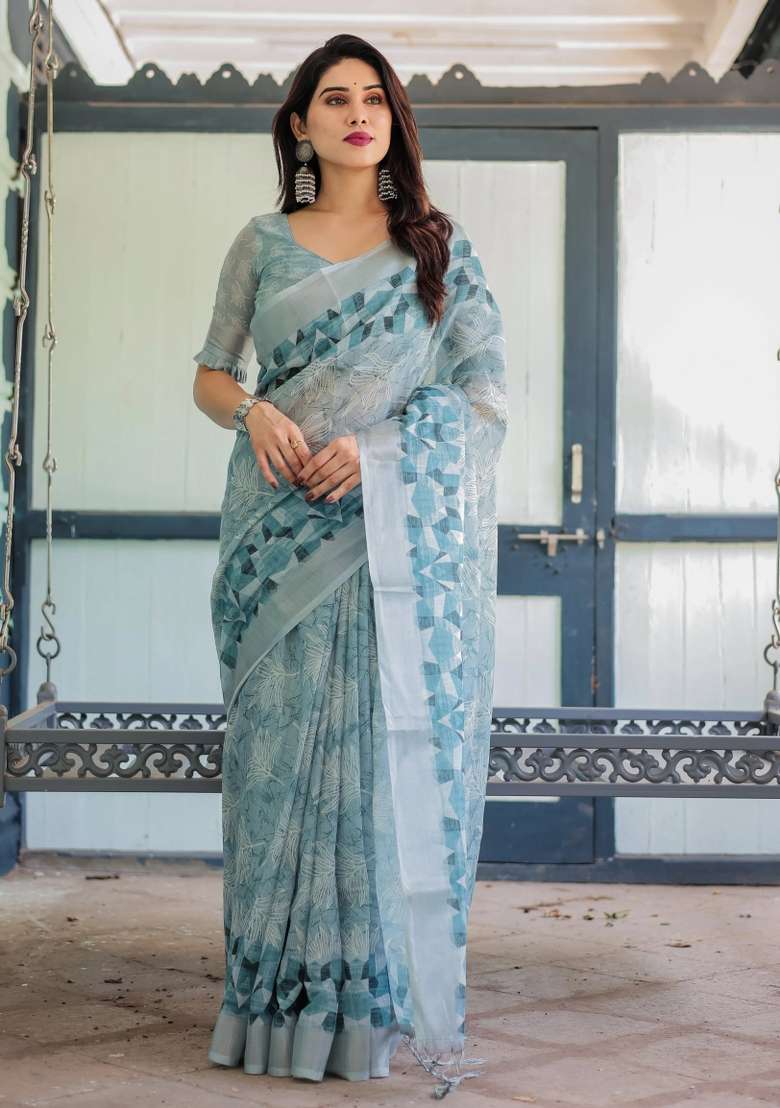 Blue Printed Cotton Linen Saree Set - Indya