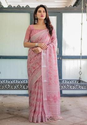 Pink Printed Cotton Linen Saree Set