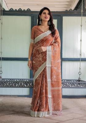Brown Printed Cotton Linen Saree Set