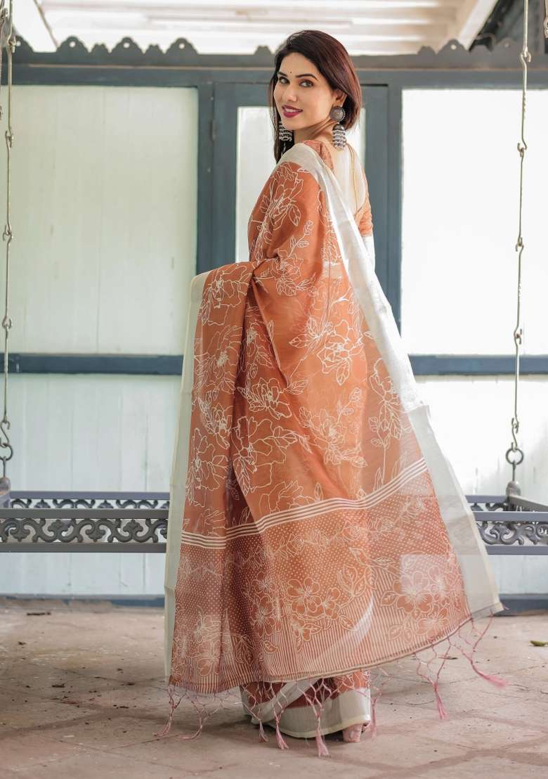 Brown Printed Cotton Linen Saree Set - Indya