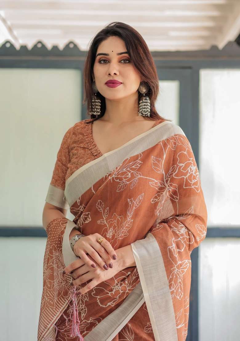 Brown Printed Cotton Linen Saree Set - Indya
