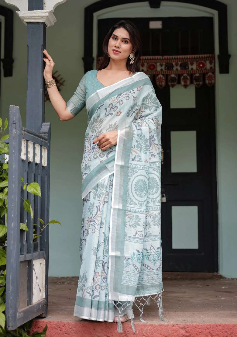 Green Printed Cotton Linen Saree Set - Indya