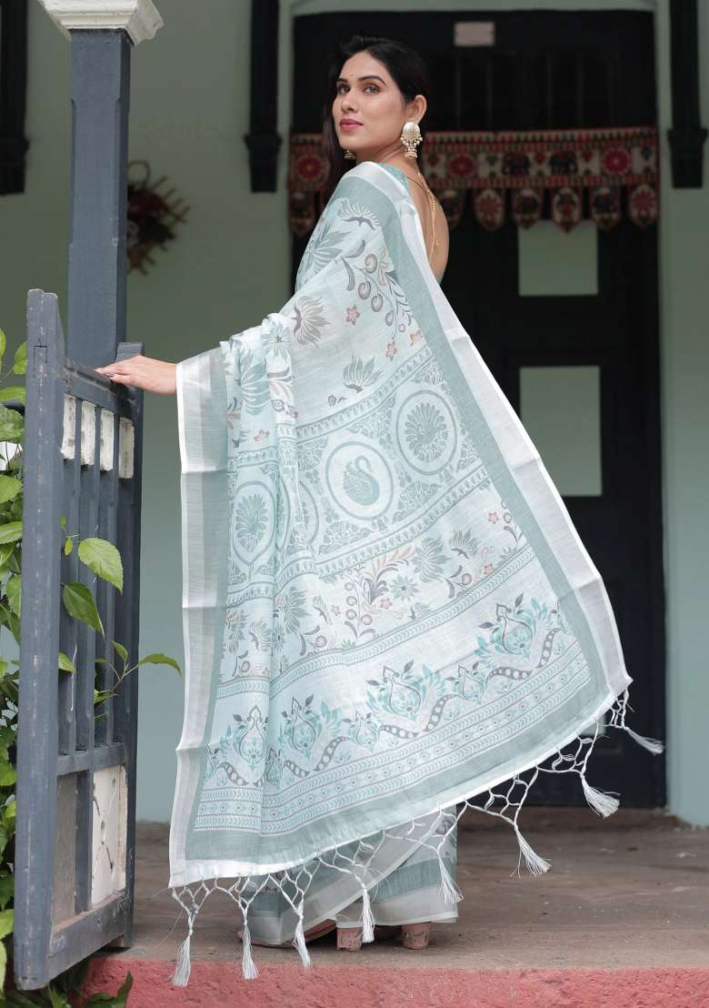 Green Printed Cotton Linen Saree Set - Indya