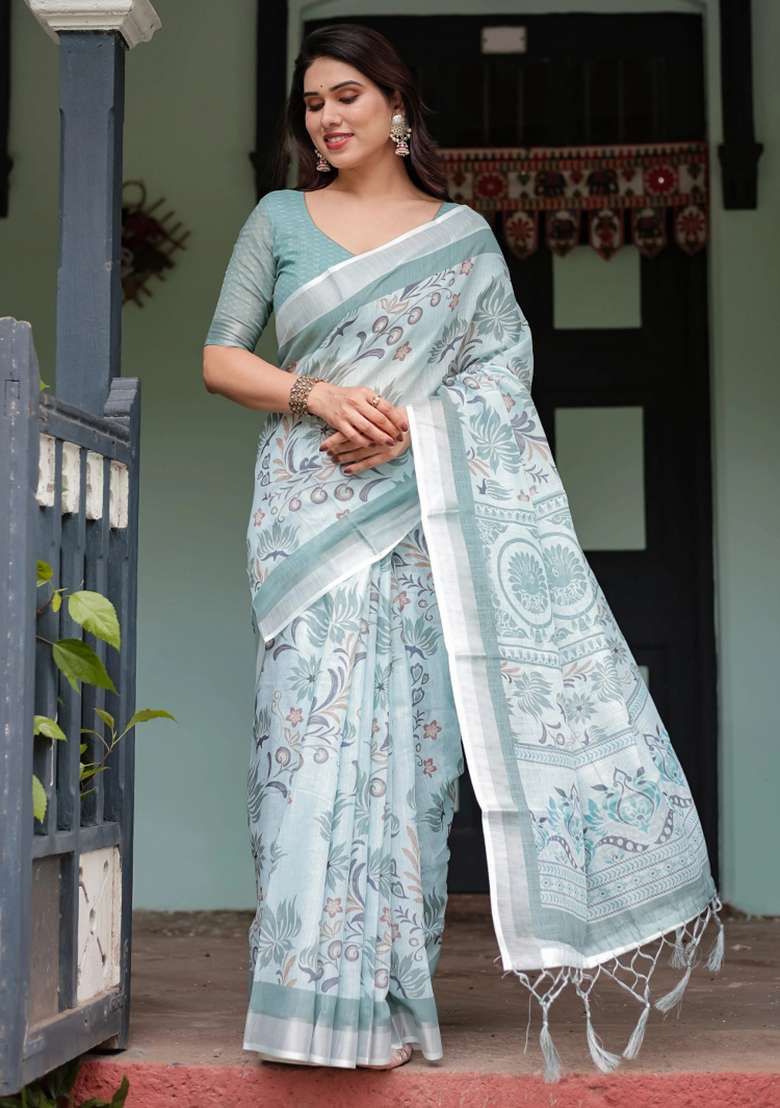 Green Printed Cotton Linen Saree Set - Indya