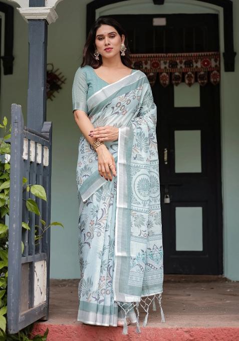 Green Printed Cotton Linen Saree Set