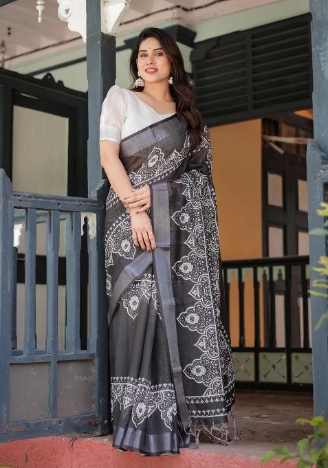 Black Printed Cotton Linen Saree Set