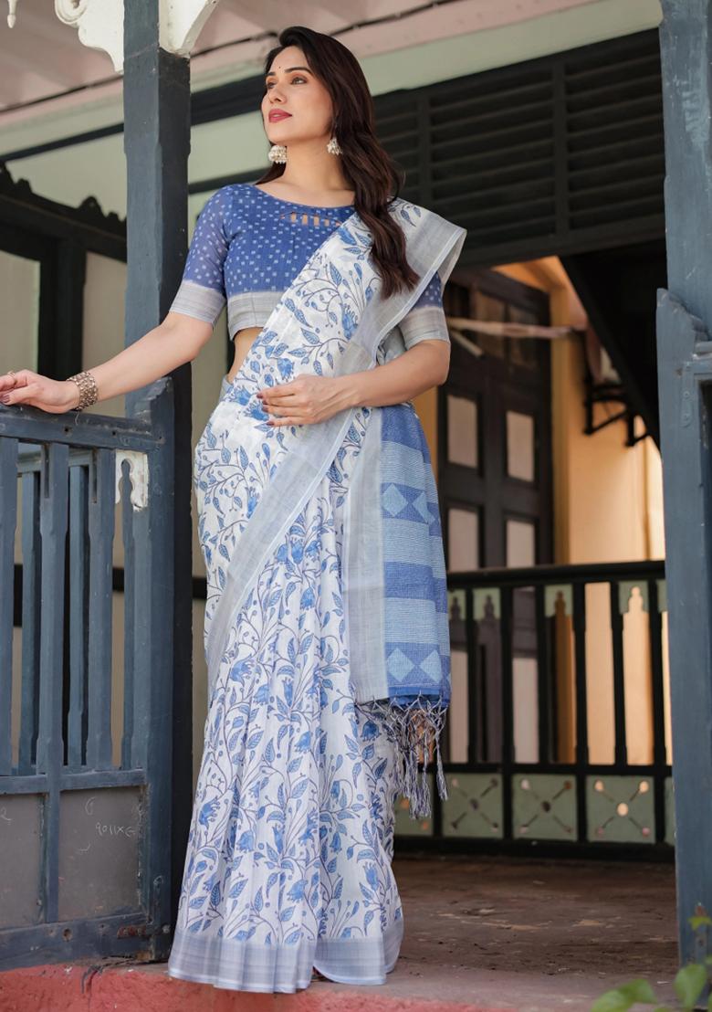 Blue Printed Cotton Linen Saree Set