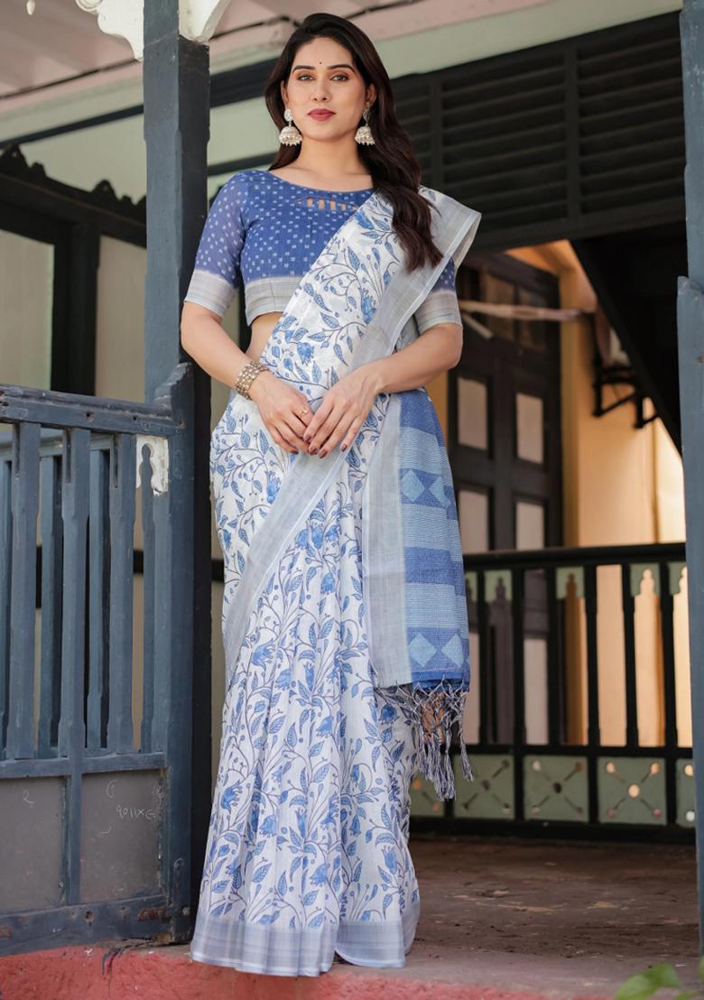 Blue Printed Cotton Linen Saree Set