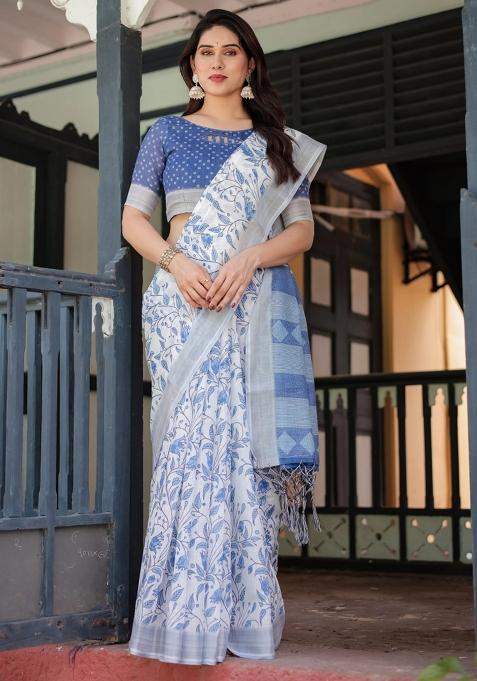 Blue Printed Cotton Linen Saree Set
