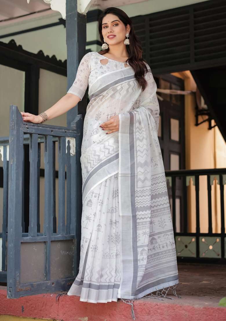 Grey Printed Cotton Linen Saree Set - Indya
