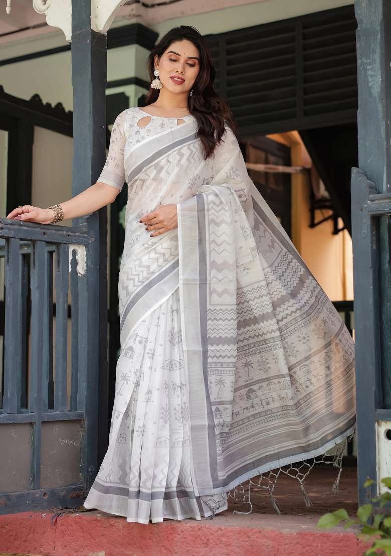 Grey Printed Cotton Linen Saree Set - Indya