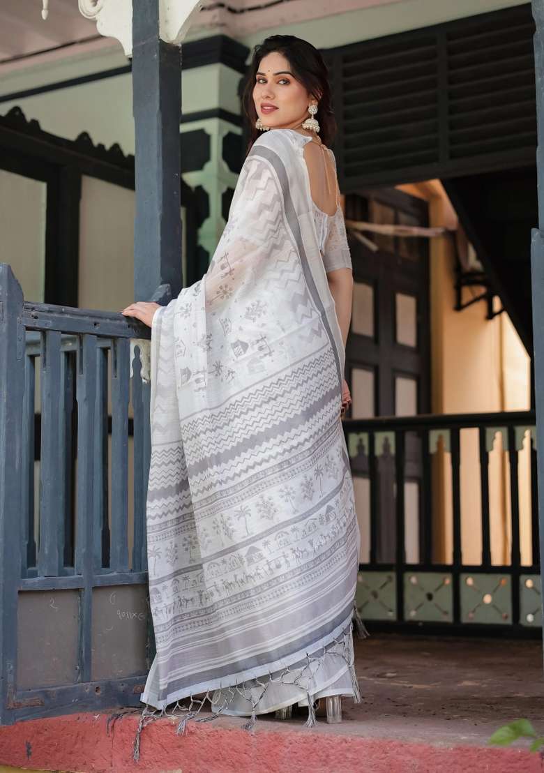 Grey Printed Cotton Linen Saree Set - Indya