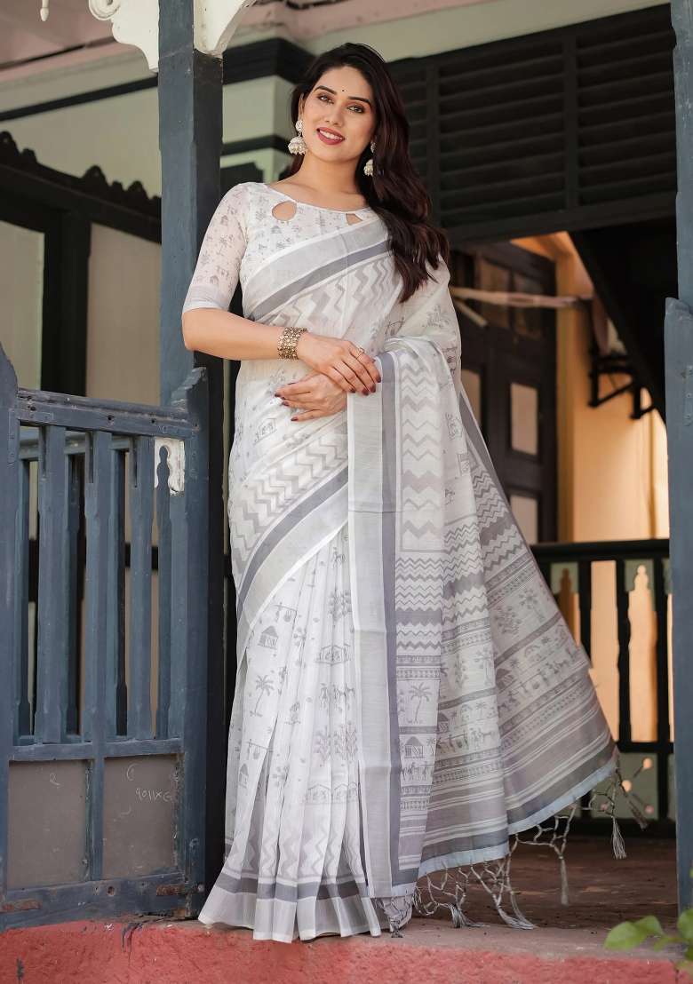 Grey Printed Cotton Linen Saree Set - Indya