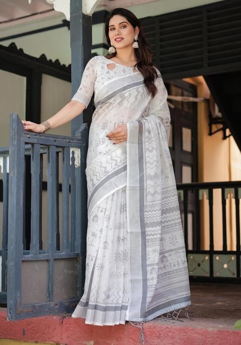 Grey Printed Cotton Linen Saree Set