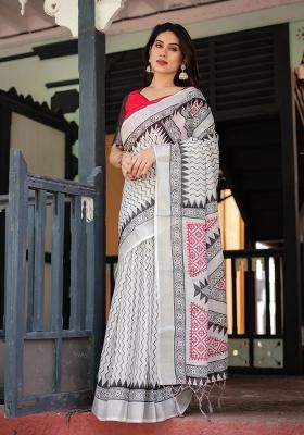 Black Printed Cotton Linen Saree Set