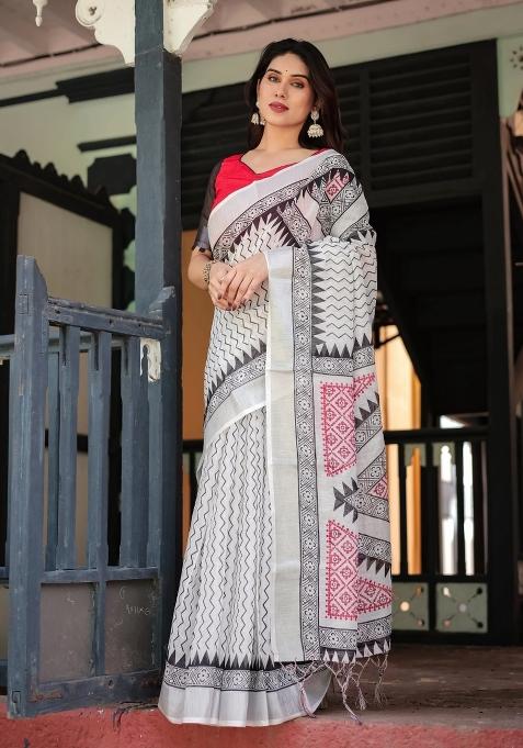 Black Printed Cotton Linen Saree Set