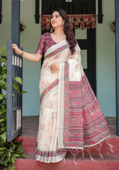 Off White Printed Cotton Linen Saree Set