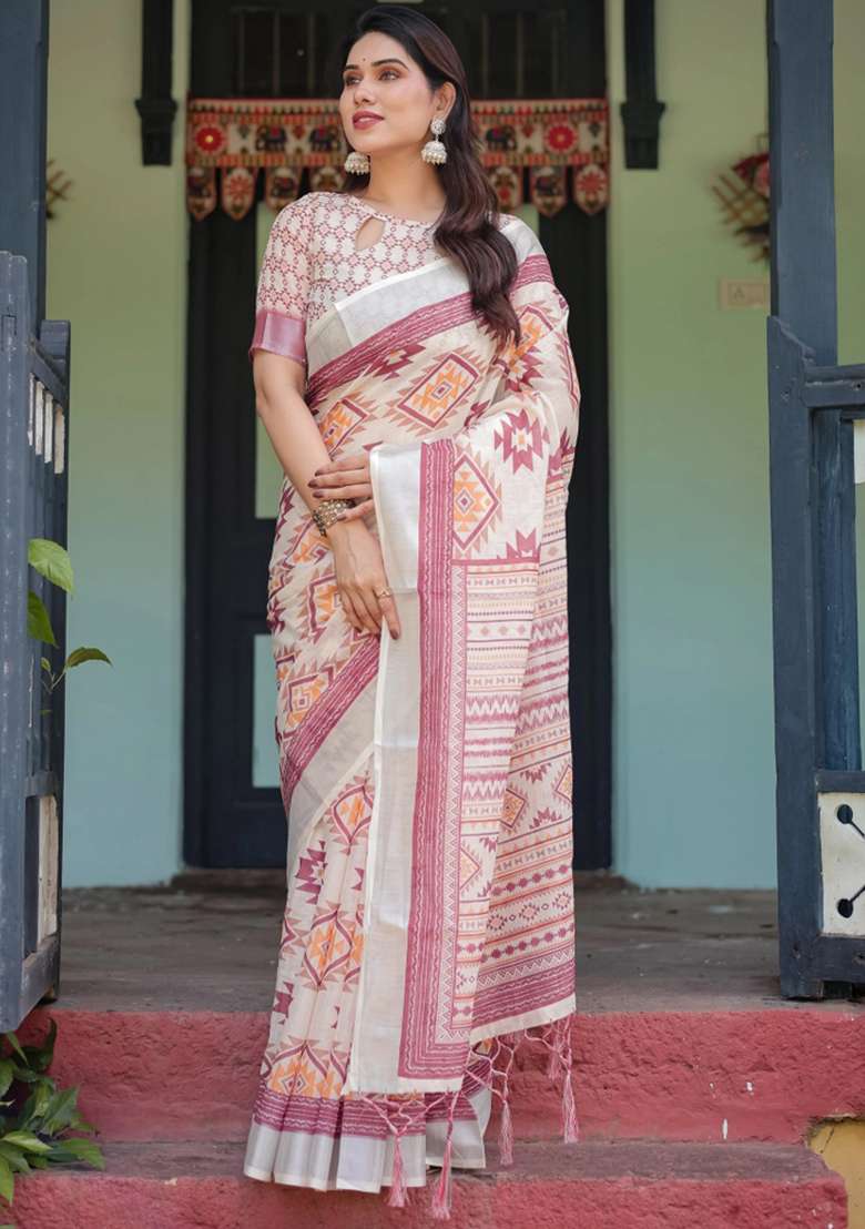 Cream Printed Cotton Linen Saree Set - Indya