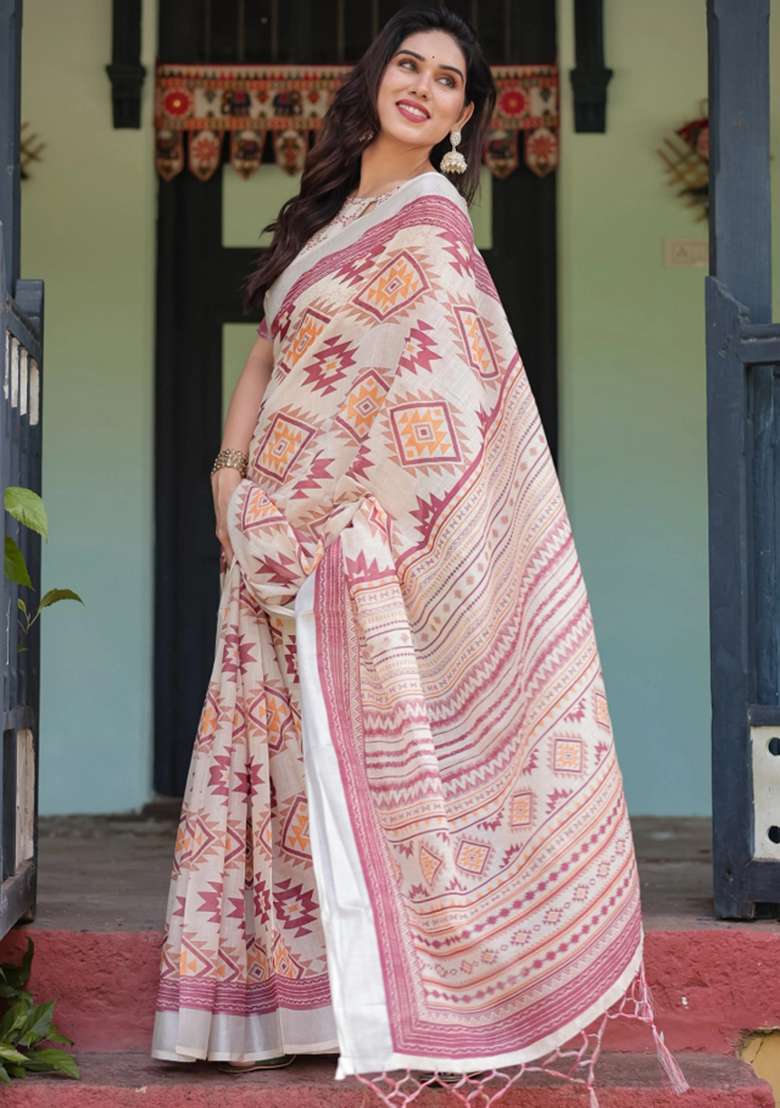 Cream Printed Cotton Linen Saree Set - Indya