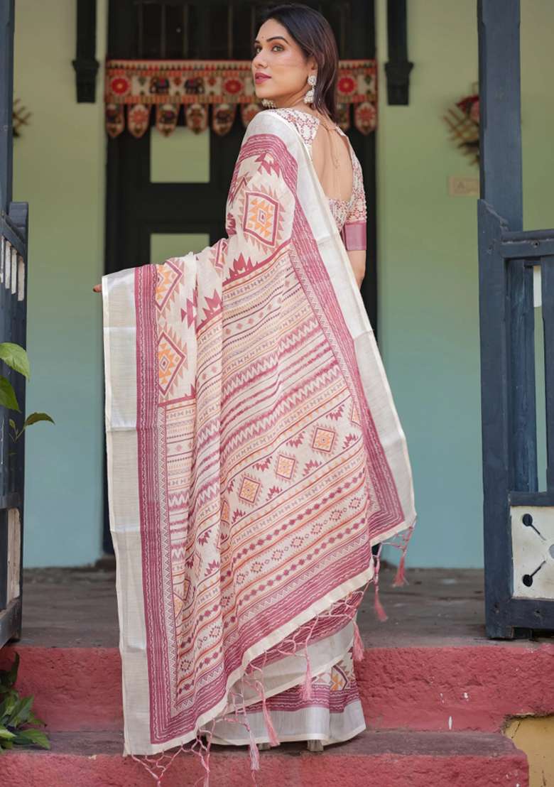 Cream Printed Cotton Linen Saree Set - Indya
