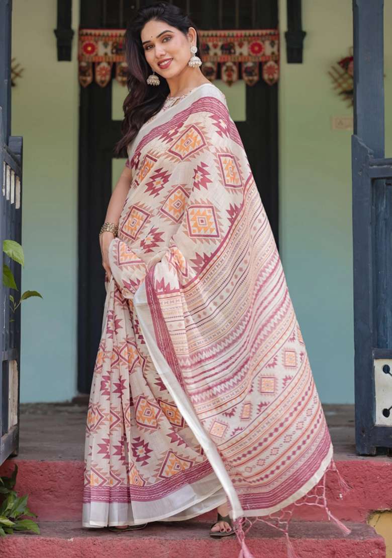 Cream Printed Cotton Linen Saree Set - Indya