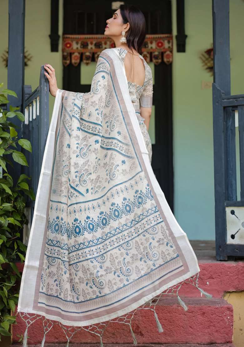Blue Printed Cotton Linen Saree Set - Indya