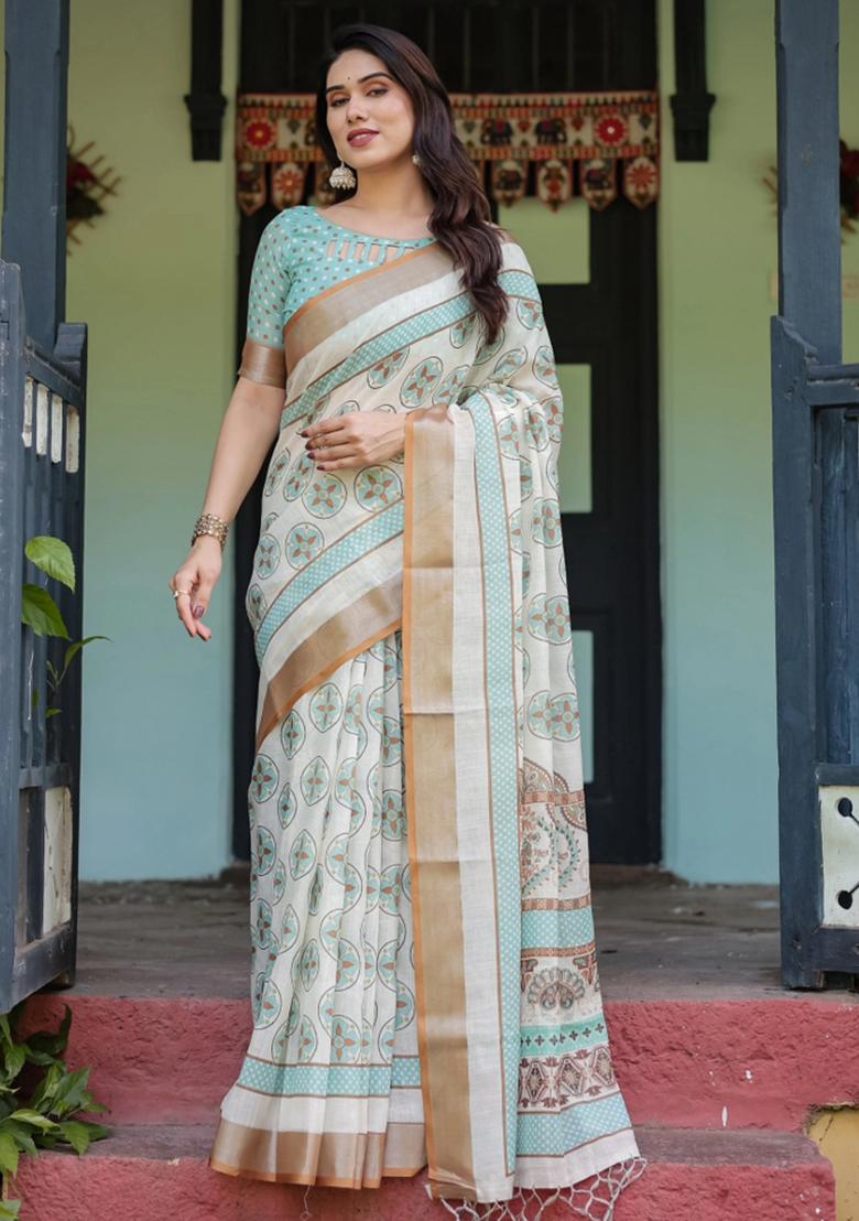 Beige Printed Cotton Linen Saree Set - Indya