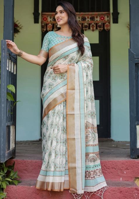Beige Printed Cotton Linen Saree Set